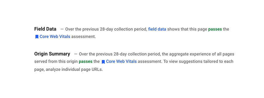 Field Data and Origin Data Screenshot PageSpeed Insights