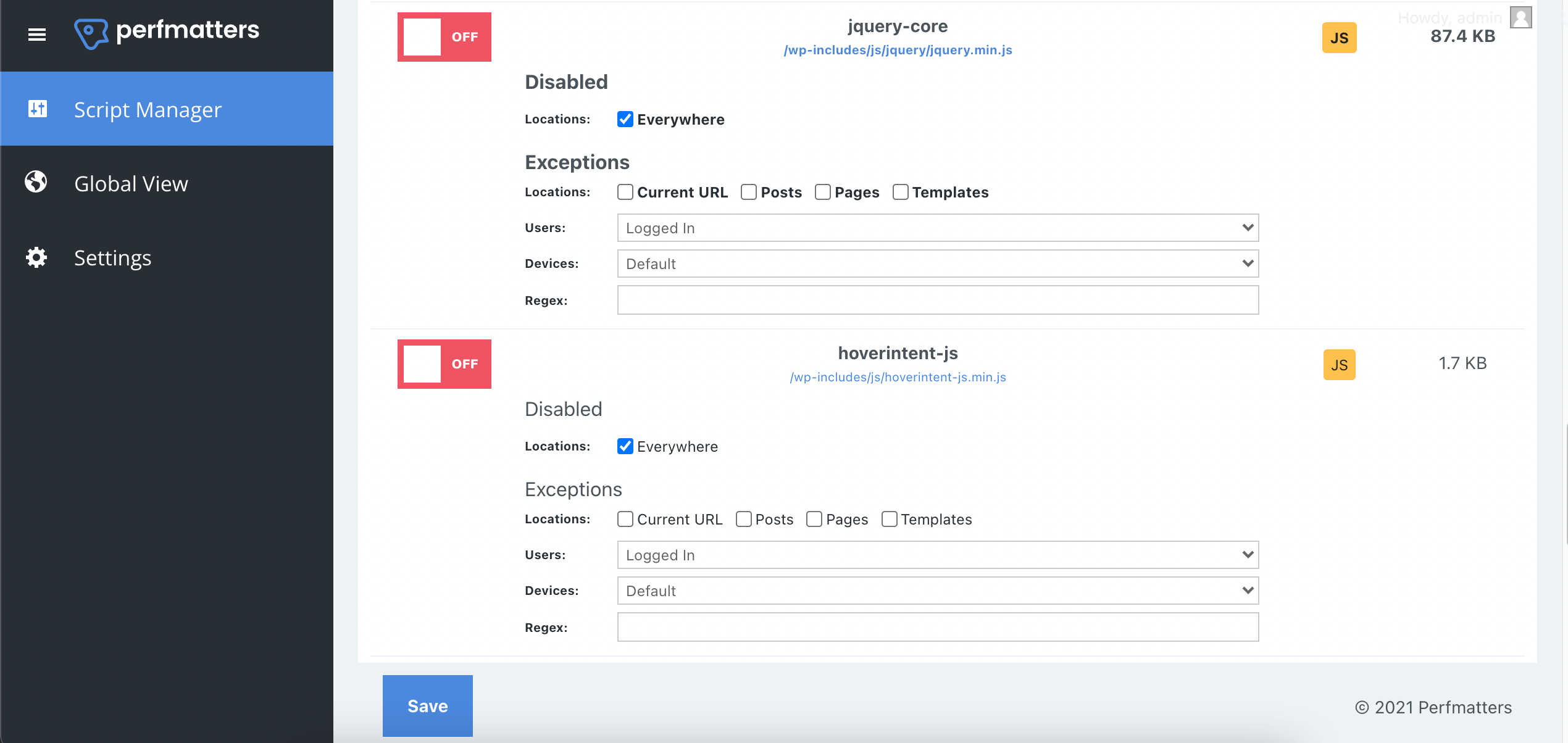 Perfmatters Scripts Manager