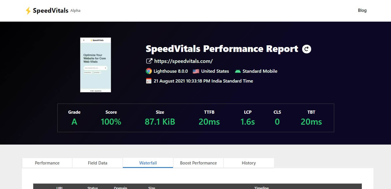 SpeedVitals Performance Score