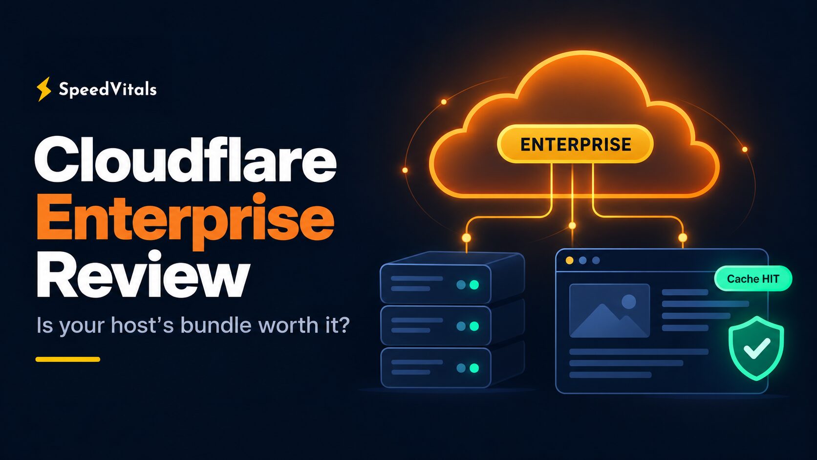 Cloudflare Enterprise Review cover showing a cloud with an Enterprise badge connected to a hosting server and a cached web page