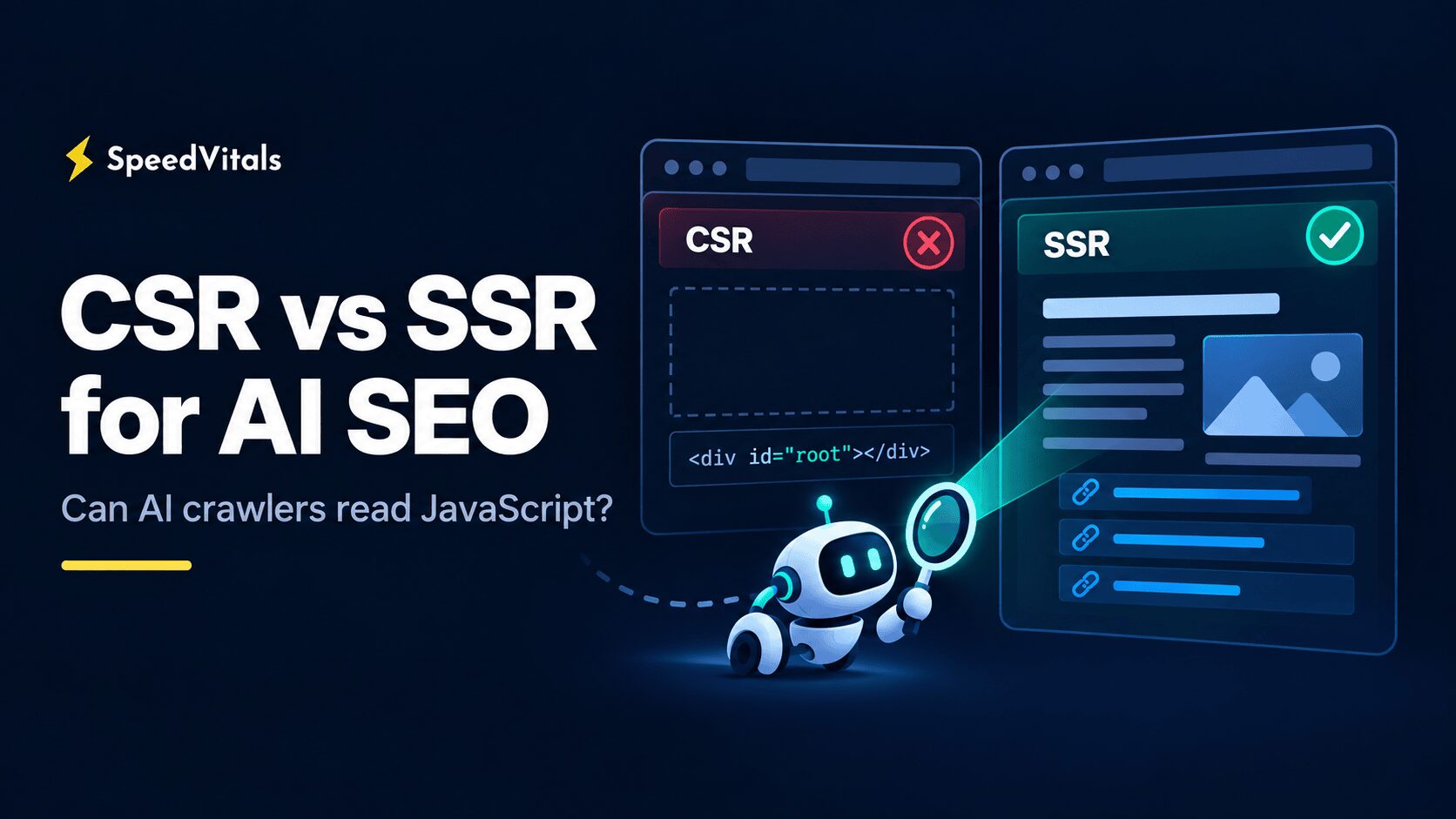 CSR vs SSR for AI SEO: a crawler sees an empty CSR shell and a full SSR page