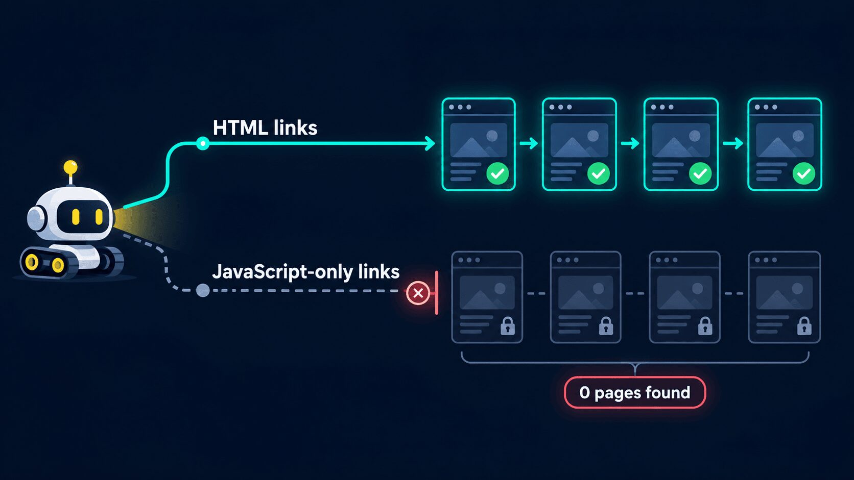 AI crawler reaching pages through HTML links but finding zero pages behind JavaScript-only links