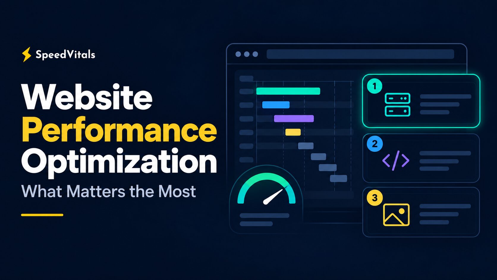 Website performance optimization: what matters the most, shown as three ranked fixes beside a page loading waterfall